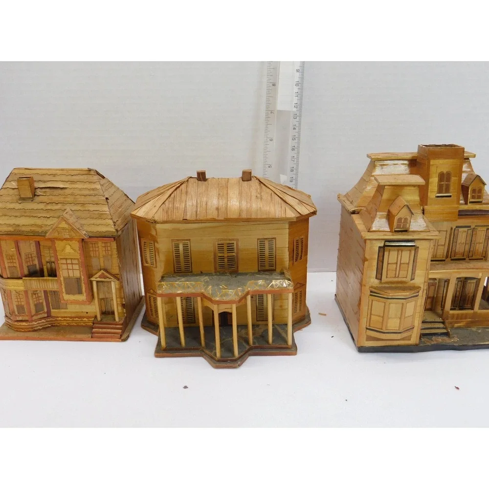 Lot of 11 Vintage Rare Bamboo Wheat Stalk Houses Trinket Box